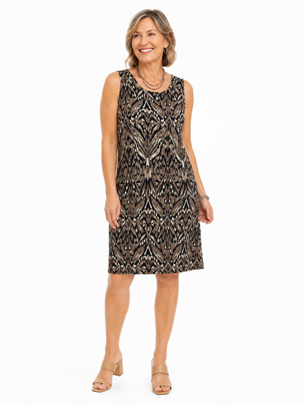 Chico’s dark intricate abstract geometric print knit stretch sleeveless dress M